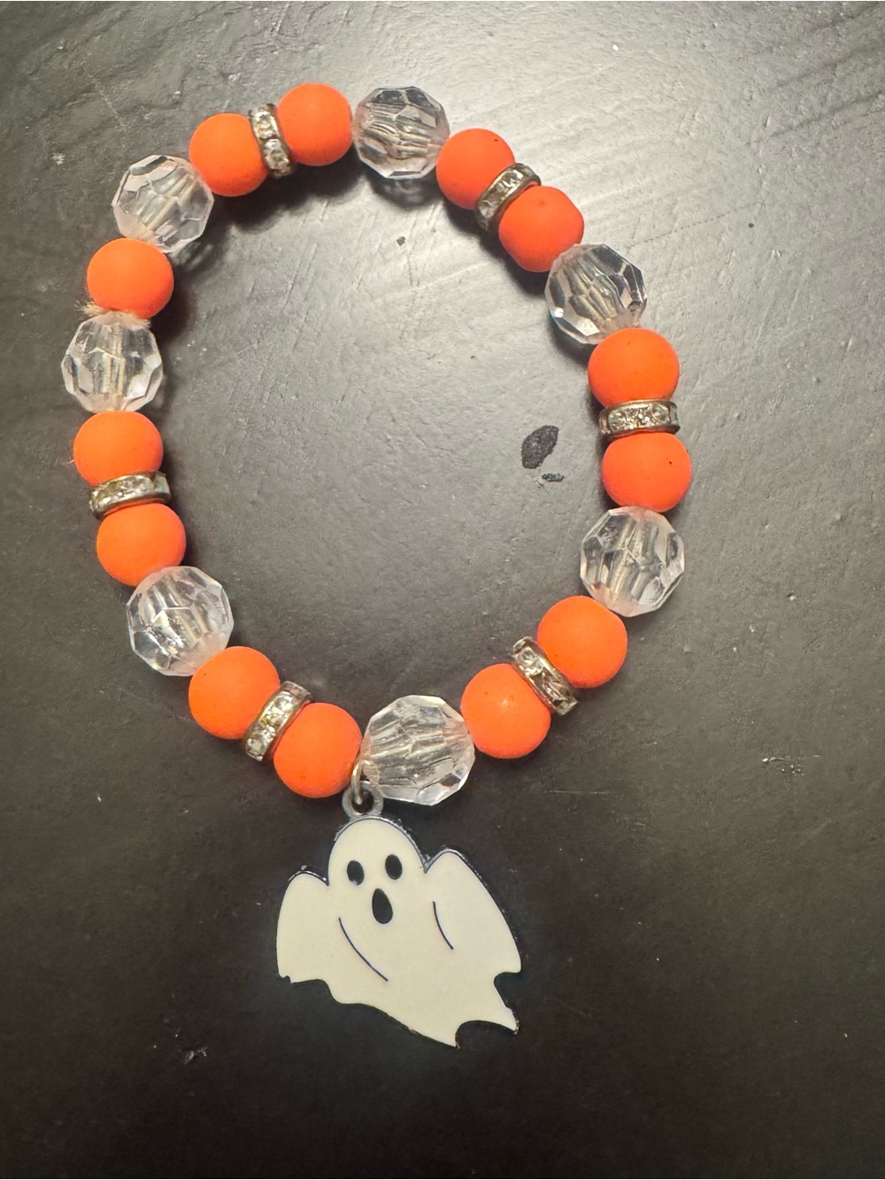 Orange Beaded Stretch Bracelet with Ghost Charm Handmade